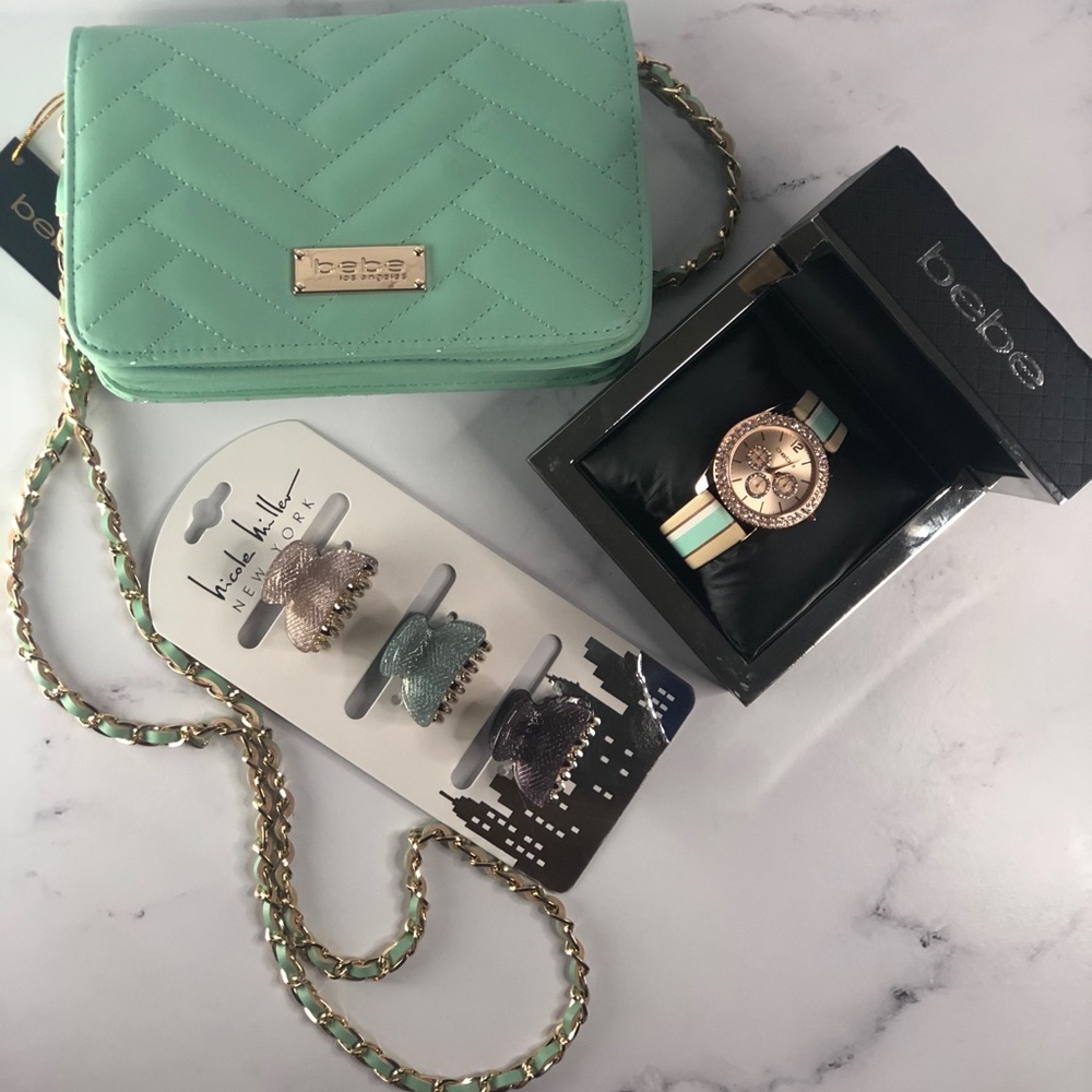 Mint Green Bebe Purse, Bebe Watch And Clips